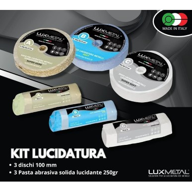 KIT SET DISCO E PASTA POLISH ABRASIVA PER LUCIDATURA LUCIDARE PULIRE ACCIAIO INOX LEGA DI ALLUMINIO RAME OTTONE BRONZO ARGENTO G