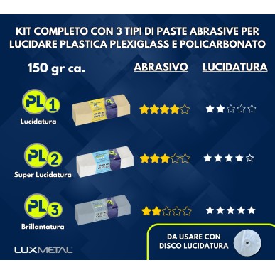 KIT PASTA ABRASIVA PL PER PLASTICA 3X150 GR - LUCIDA PLEXIGLASS PLASTICA POLICARBONATO