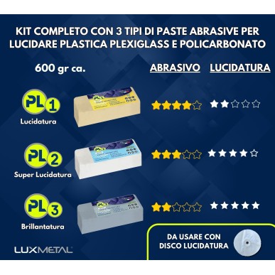 KIT PASTA ABRASIVA PL PER PLASTICA 3X600 GR - LUCIDA PLEXIGLASS PLASTICA POLICARBONATO