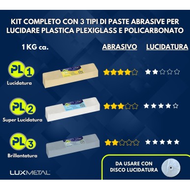 KIT PASTA ABRASIVA PL PER PLASTICA 3x1KG - LUCIDA PLEXIGLASS PLASTICA POLICARBONATO
