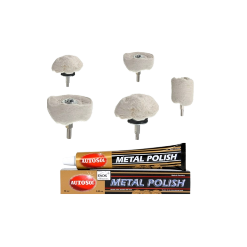 Kit de polissage acier aluminium 2 champignons, 2 roues, 1 cylindre raccord tige 6 mm + poli métal autosol 75 grammes polissage