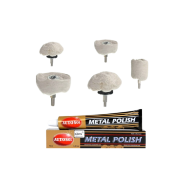 Kit lucidatura acciaio alluminio 2 funghi, 2 ruote, 1 cilindro attacco gambo 6 mm + metal polish autosol  75 grammi 