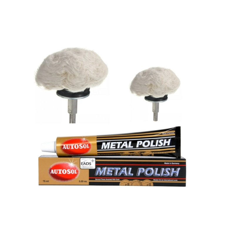 Kit de pulido de cromo, pulidor de metales y cromo, autosol, 2 setas redondas de algodón, mango de 6 mm