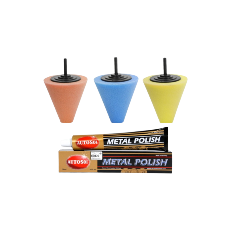 Éponge de polissage à 3 cônes orange-bleu-jaune + 1 vernis à métaux autosol - - polissage nettoie brillance chromage peinture mé
