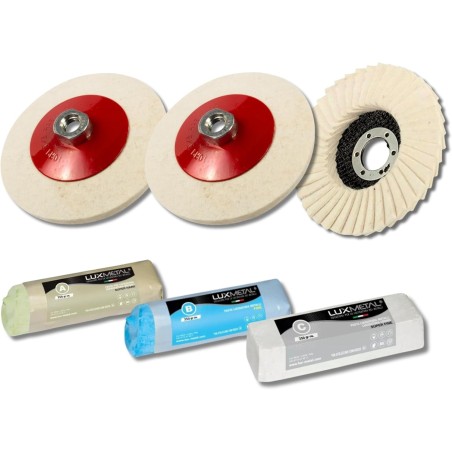 Kit 2 Disques Feutre 100 mm M14 + Lamellaire 115 mm + 3 Pâtes Abrasives 250 g