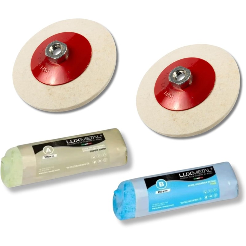 Kit – 2 Felt Wheels 100 mm M14 + 2 Polishing Compounds 250 g (A–B) Kit – 2 Felt Wheels 100 mm M14 + 2 Polishing Compounds 250 g (A–B)