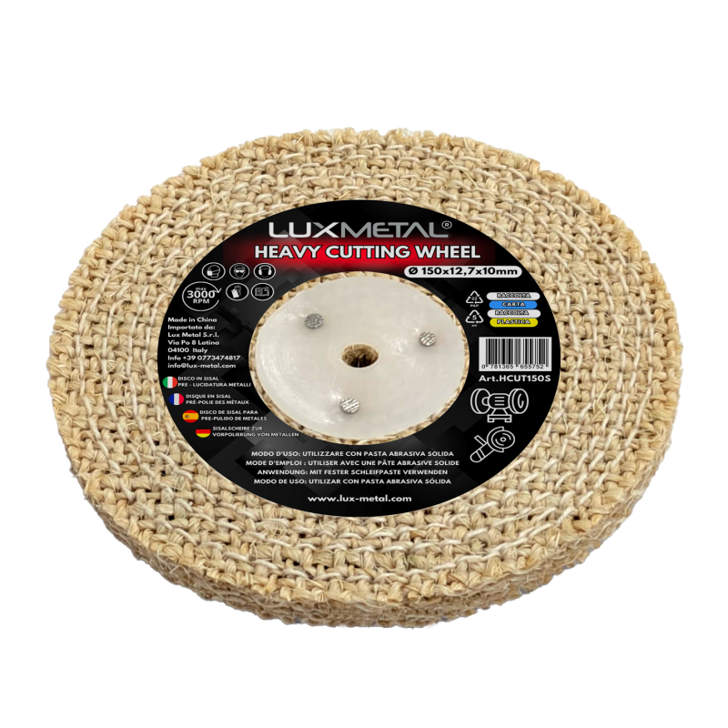 Disco Heavy Sisal Algodón pulido de Metales 150x12,7x10 mm para Mandril Cónico Taladro Pulidora Amoladora