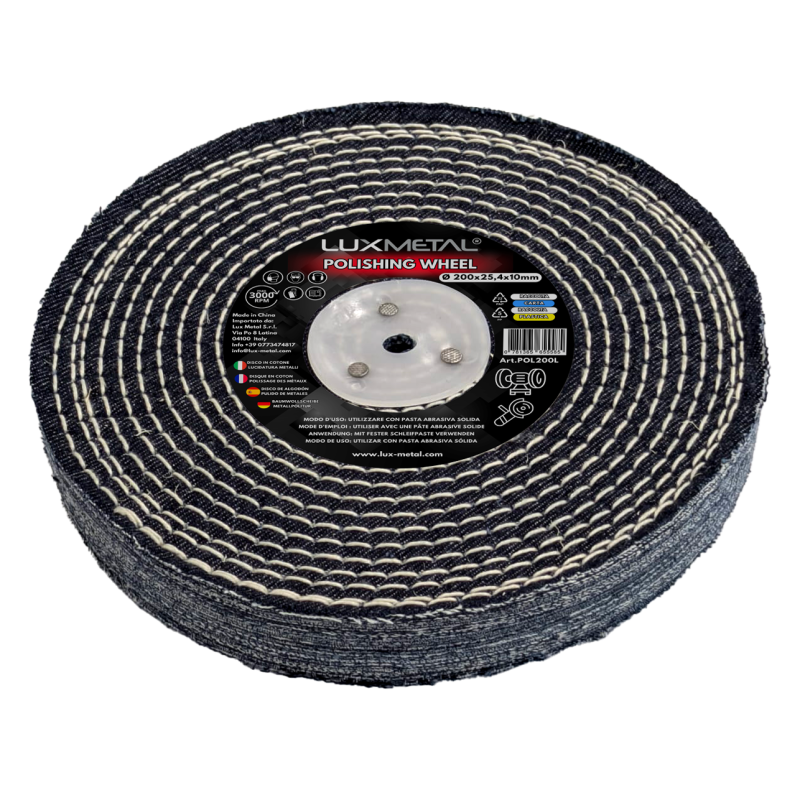 Disco de Algodón Jeans para Pulido de Metales 200x25,4x10 mm para Mandril Cónico – Pulidora de Banco y Amoladora Disco de Algodón Jeans para Pulido de Metales 200x25,4x10 mm para Mandril Cónico – Pulidora de Banco y Amoladora