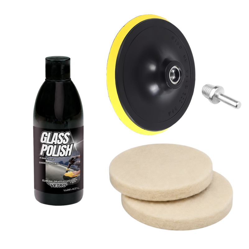 Glass Polish 250 gr Lucidatura Vetro con Ossido di Cerio + Platorello 150 MM 2 Tamponi in Feltro e Adattatore Trapano Glass Polish 250 gr Lucidatura Vetro con Ossido di Cerio + Platorello 150 MM 2 Tamponi in Feltro e Adattatore Trapano
